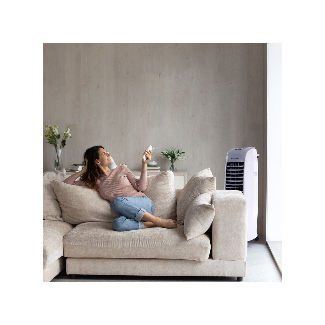 POLYCOOL 8L Portable Evaporative Air Cooler 24 Hour Timer 4 in 1 Cooling Fan, Grey and White- Appliances - NDIS