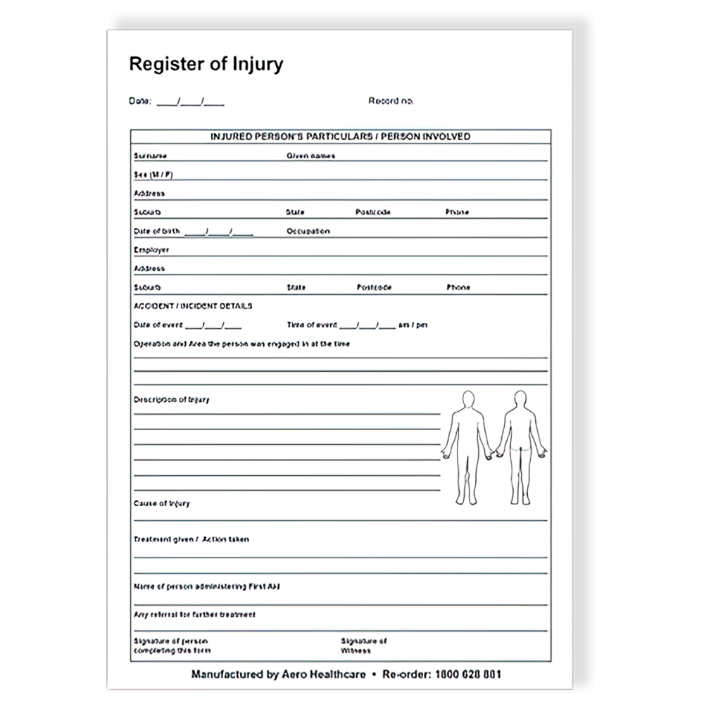 AEROSUPPLIES A5 Register of Injuries Duplicate Pad (25 pages) (Box of 10)
