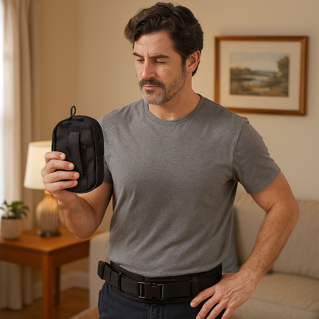 Single-hand access medic pouch with bungee tie-down cords and rear MOLLE platform