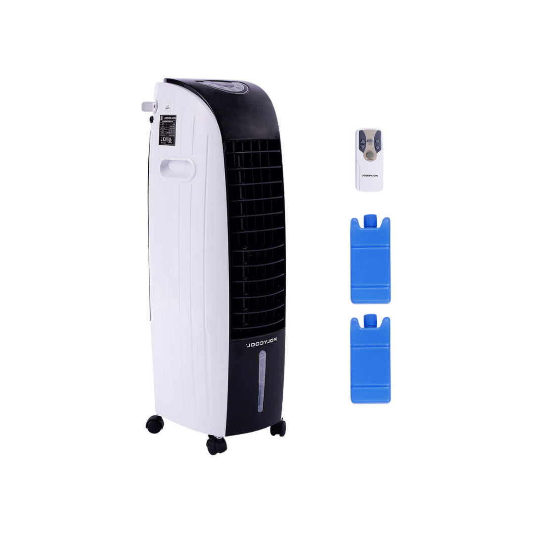 POLYCOOL 6L Evaporative Air Cooler Portable Household Fan, Purifier, Humidifier, Remote Control, White and Black- Appliances - NDIS
