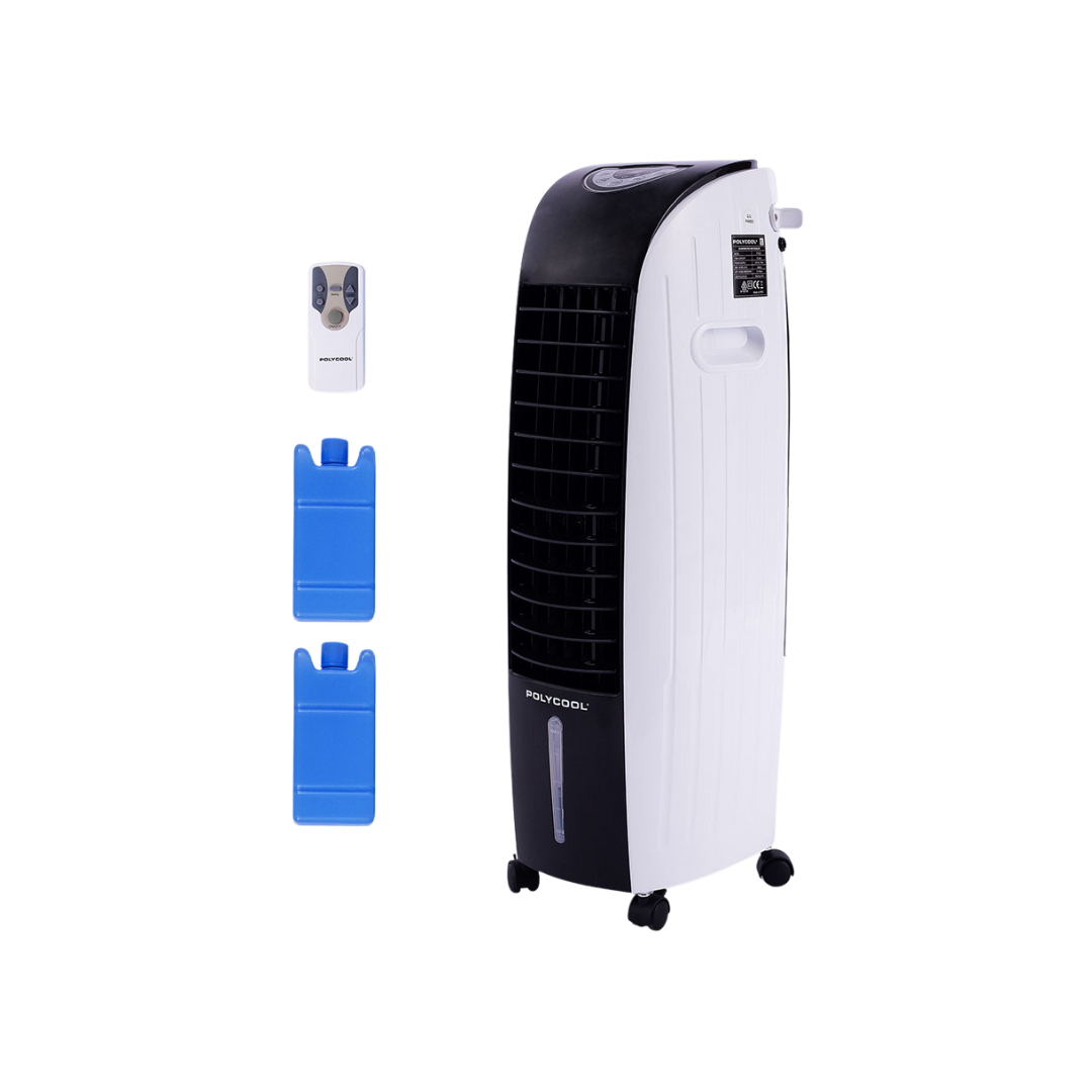 POLYCOOL 6L Evaporative Air Cooler Portable Household Fan, Purifier, Humidifier, Remote Control, White and Black- Appliances - NDIS
