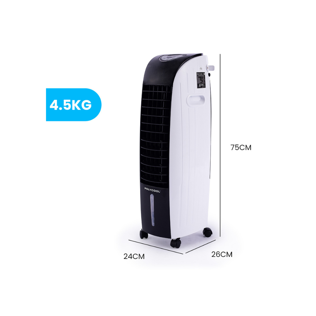 POLYCOOL 6L Evaporative Air Cooler Portable Household Fan, Purifier, Humidifier, Remote Control, White and Black- Appliances - NDIS
