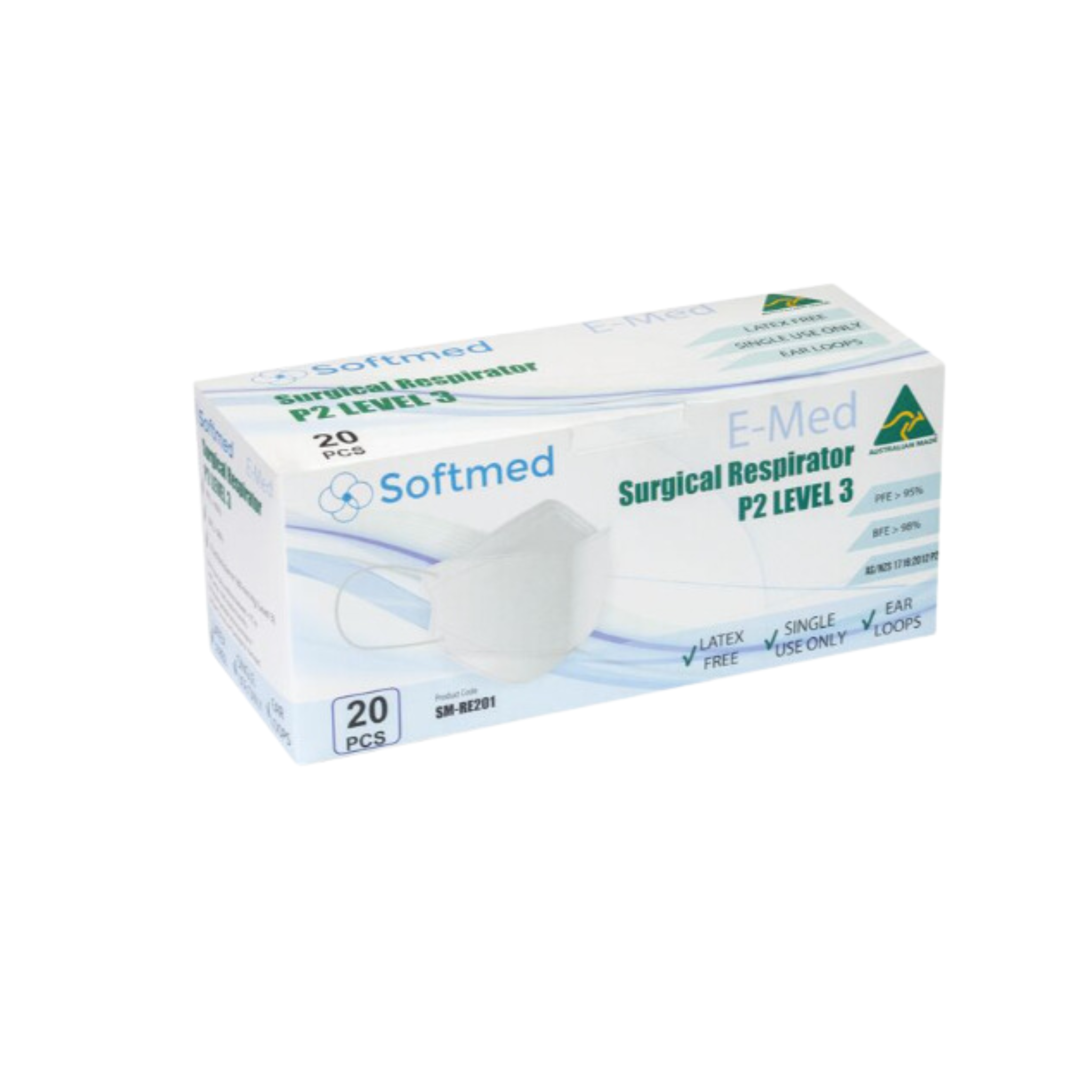 Softmed E-Med Surgical Respirator Mask P2 Level 3 - 20 Pack