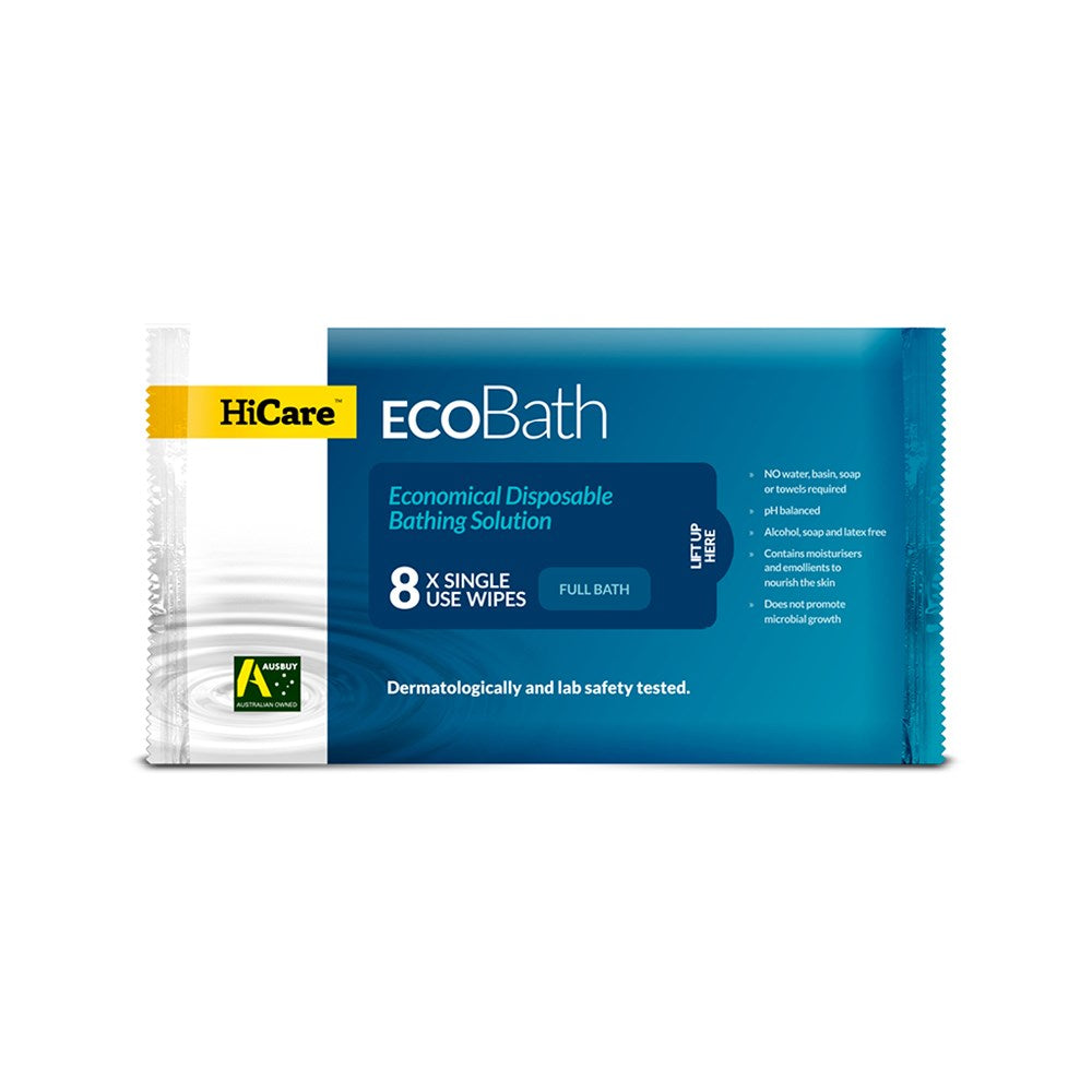 Hicare Eco Bath Wipes Resealable 8 Cloth Pack HCEB830